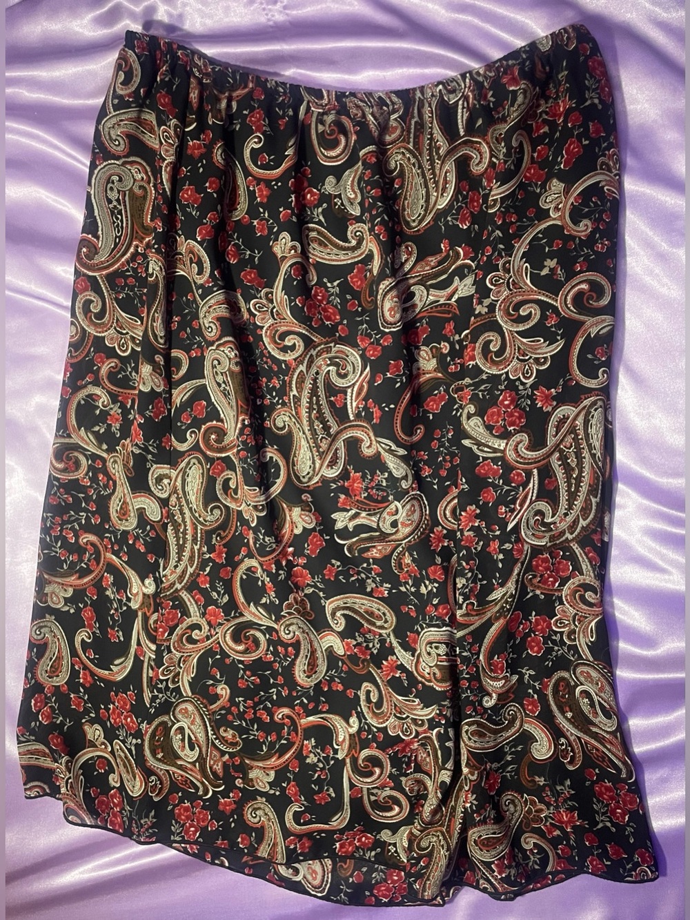 Black Paisley & Red Floral Rose Midi Skirt Whimsigoth Dark Boho Vintage